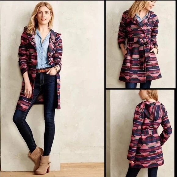 Anthropologie Tabitha Leona aztec southwestern pattern wrap coat jacket hood - Picture 1 of 12